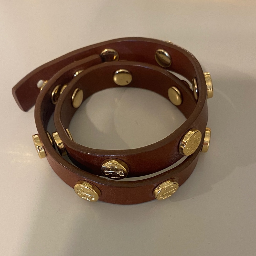 Tory Burch Authentic Brown Leather Wrap Bracelet with Gold Accents